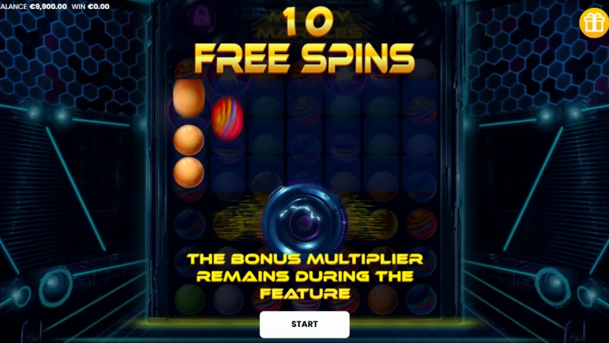 Mighty Marbles slot machine interface com tema espacial e neon