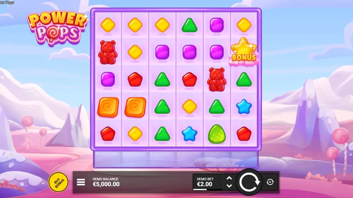 Interface colorida e vibrante do slot Power Pops com doces e pirulitos
